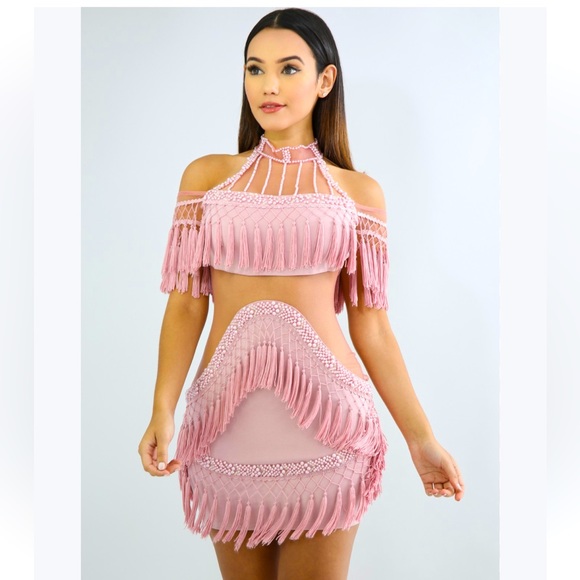 ✨NEW LUXURIOUS DESIGNER PINK PASTEL TASSEL FRINGE RHINESTONE MINI BIRTHDAY DRESS - Picture 1 of 10
